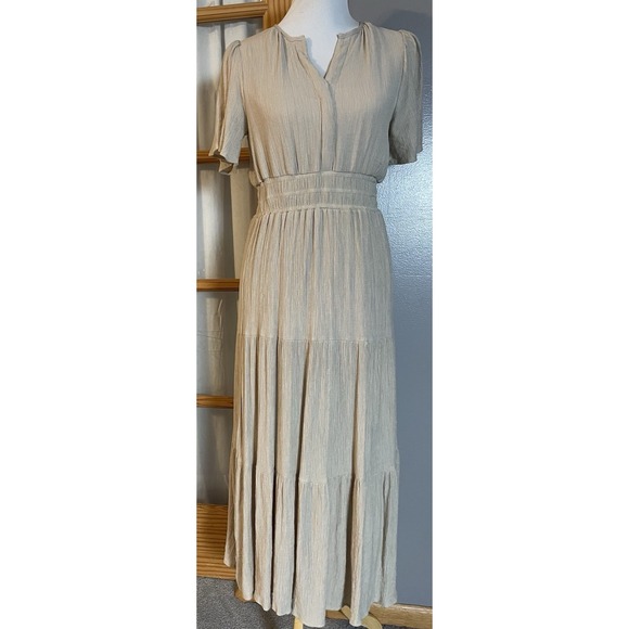 Anthropologie Dresses & Skirts - Anthropologie August Sky Tiered Dress Sz L Midi Beige Crinkly Boho Peasant